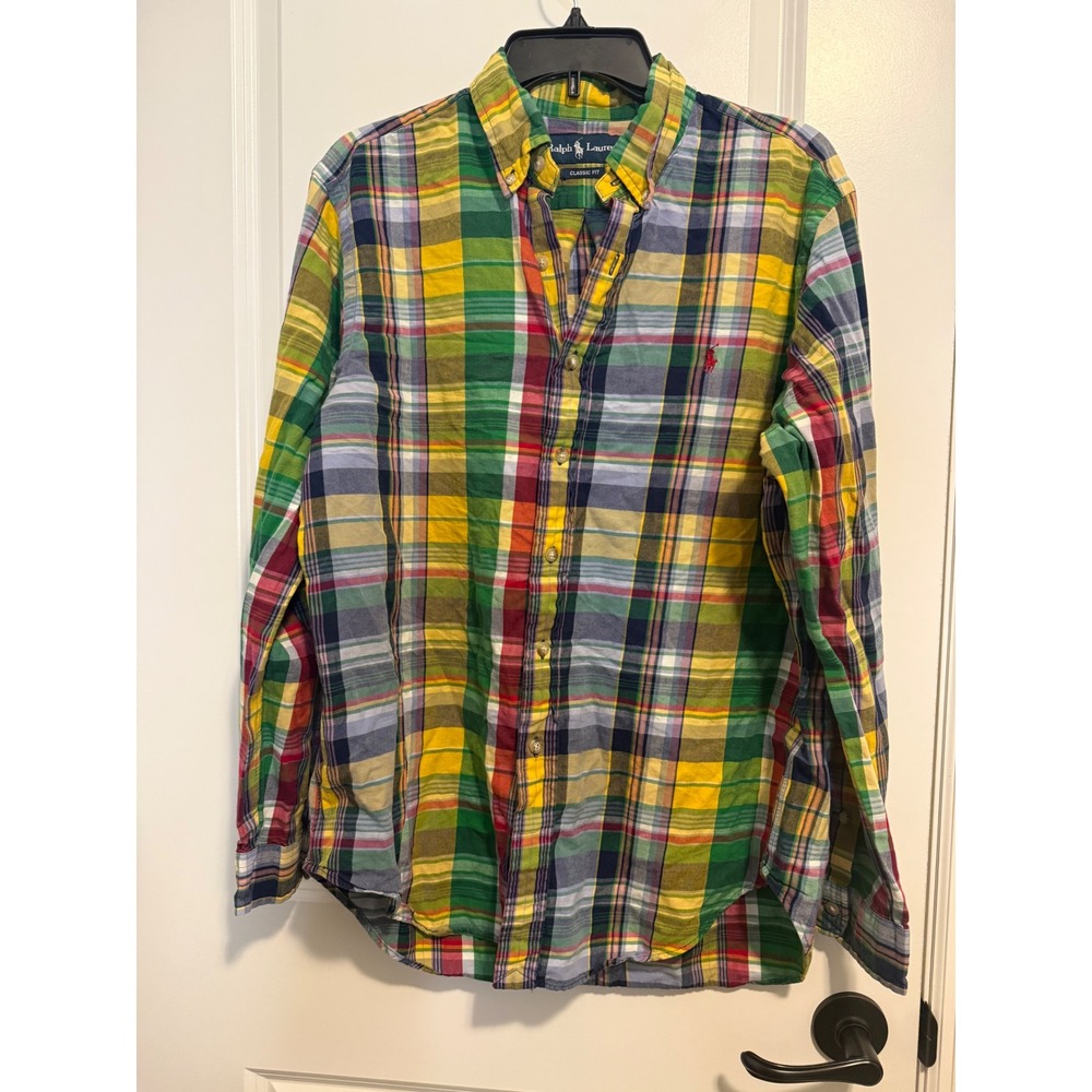 Ralph Lauren Button Down Shirt Mens L Multi Plaid Excellent Madras Preppy Ivy